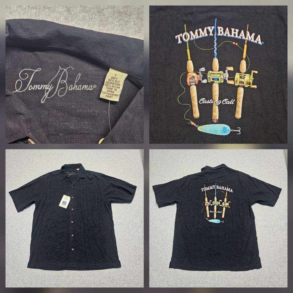 Tommy Bahama Casting Call Mens Black Silk Shirt L  Hawaiian NWT